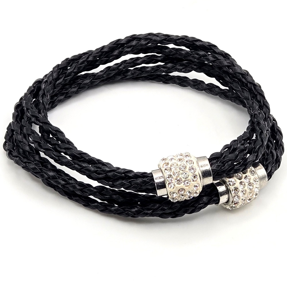 Set of 2 Black Braided Bracelets Clear Crystal Pave Magnetic Clasp Silver Tone